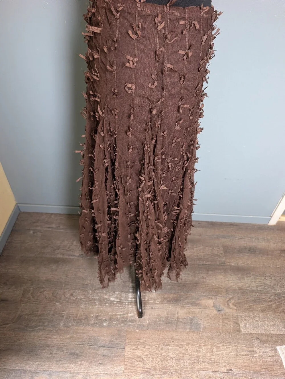 Handkerchief Hem Brown Tulle Ribbon Midi Skirt - Picture 6 of 11